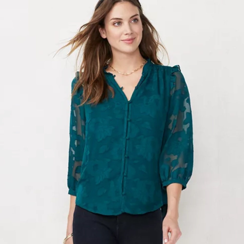 Lauren Conrad Button Front Ruffle Blouse in Teal Blue NWT!